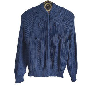 Vintage 70s Chunky Knit w Rosettes Button Front Mock Neck Cardigan Sweater L NOS